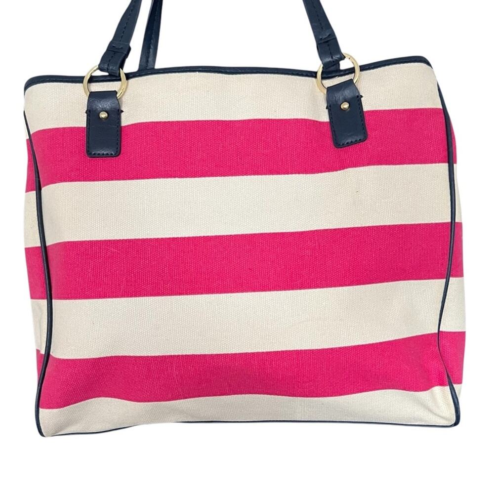 NEW TOMMY HILFIGER Satchel Tote Bag Pink Cream Striped Navy Trim NWT 1652-57 - Picture 4 of 13
